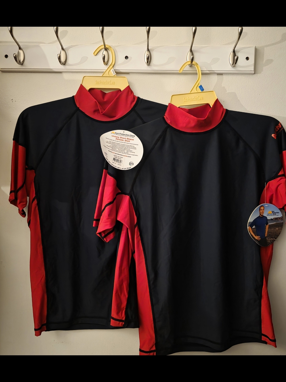2 - Men's Short Sleeve Swim Rash Guard - Black with Red Panels